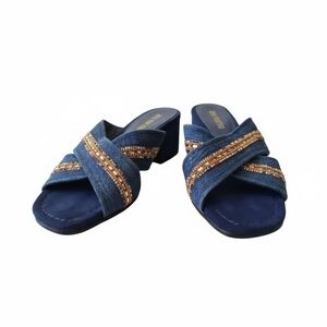 Ann Marino Zip Me Up Sandal Blue Colored Rhinestones Size 7.5 Denim Mule Chic